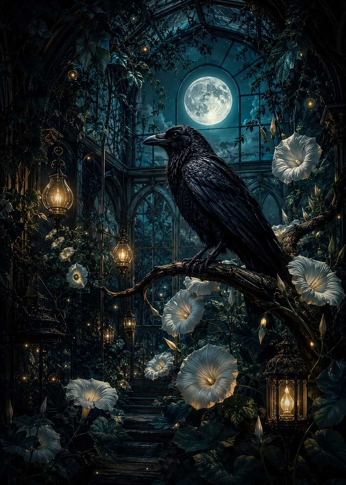 Mystical Crow in Moonlit Conservatory