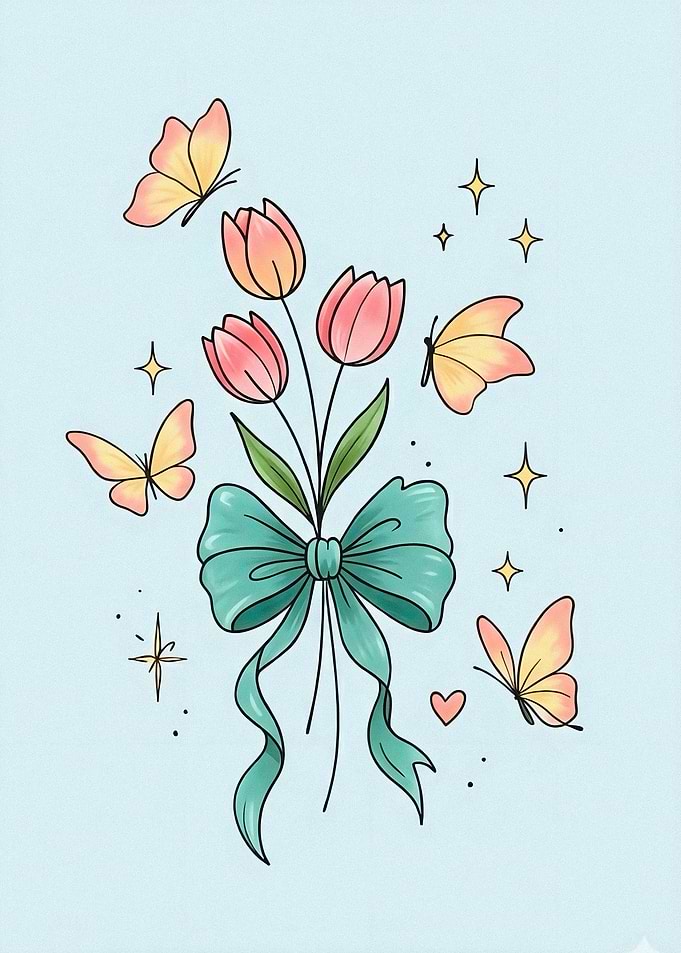 Tulips with Butterflies and Bow