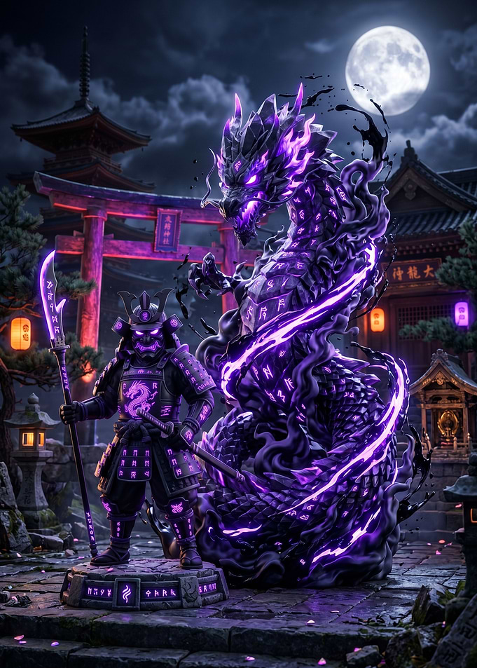 Samurai and Dragon in Japanese Garden