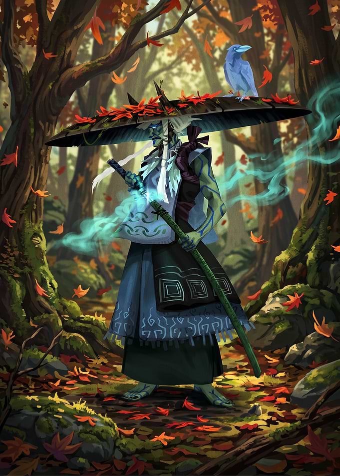 Mysterious figure in autumn forest
