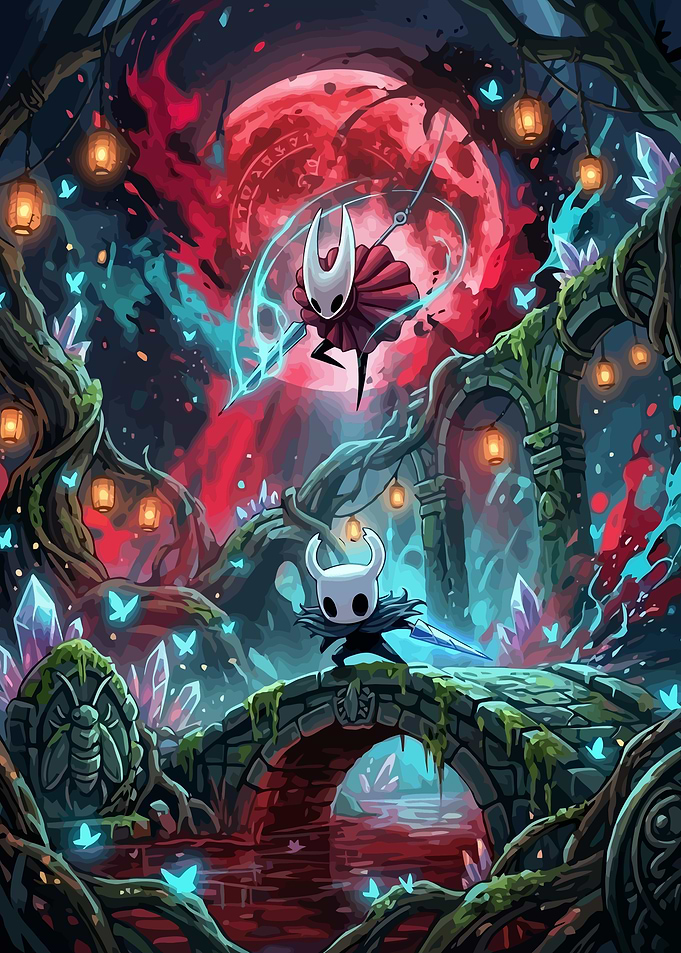 Hollow Knight Characters in a Dark Fantasy Forest