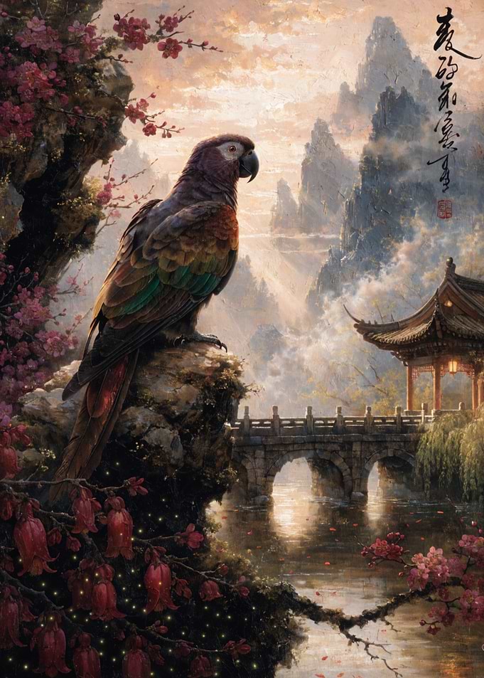 Parrot on a Cliff Overlooking a Pagoda