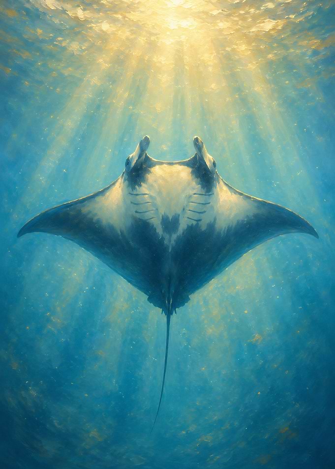 Manta Ray Swimming in Sunlit Ocean
