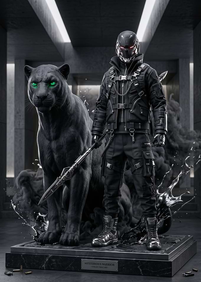 Mysterious Warrior and Black Panther Statue