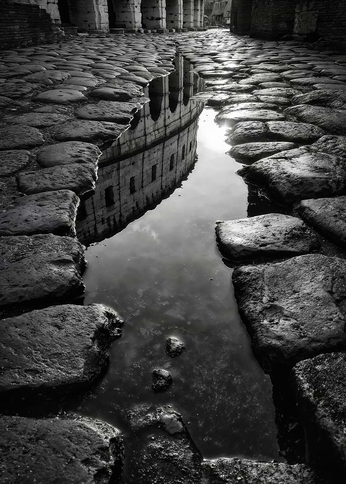 Rome Colosseum Cobblestone Street Puddle Reflection