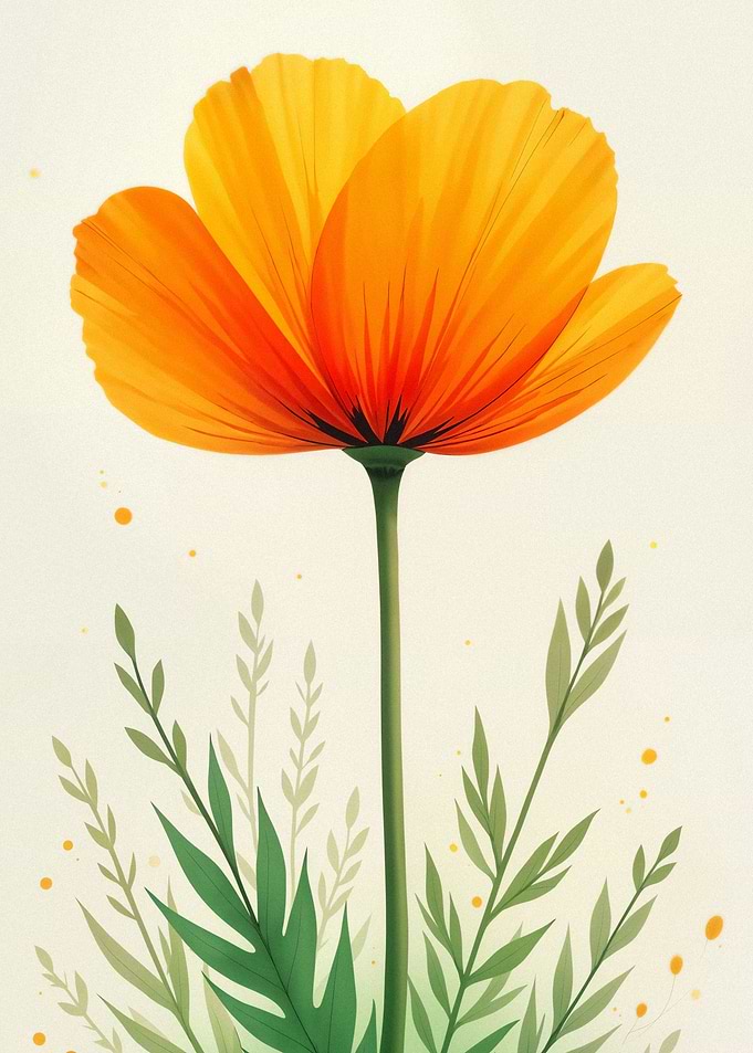 Orange Poppy Flower with Green Stems