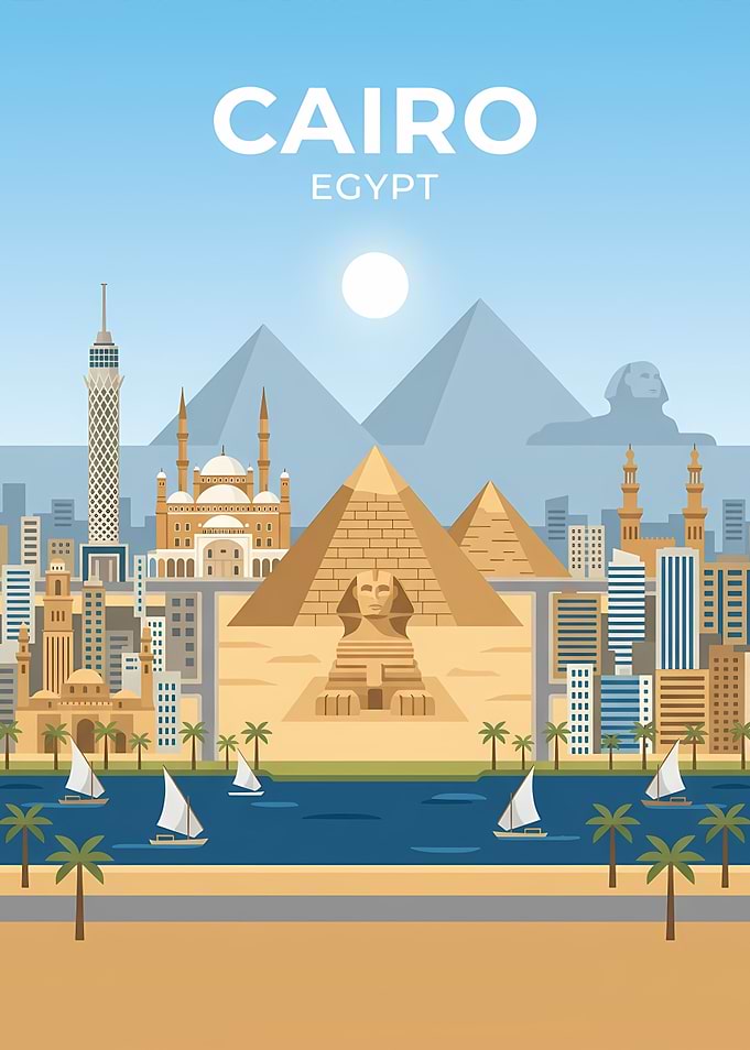 Cairo Egypt Skyline with Pyramids