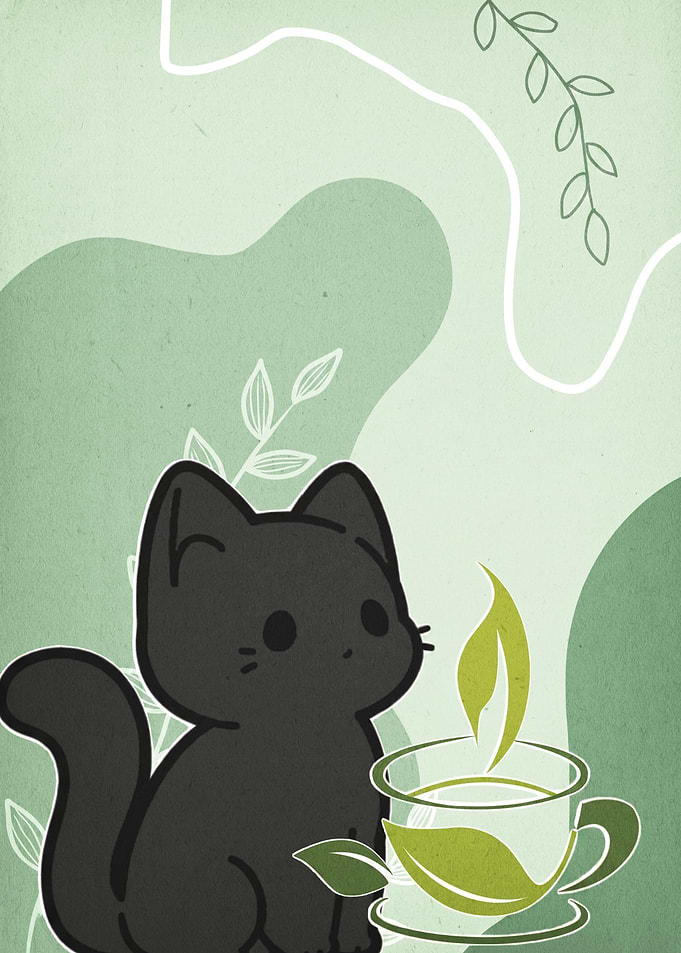 Cute Black Cat with Tea