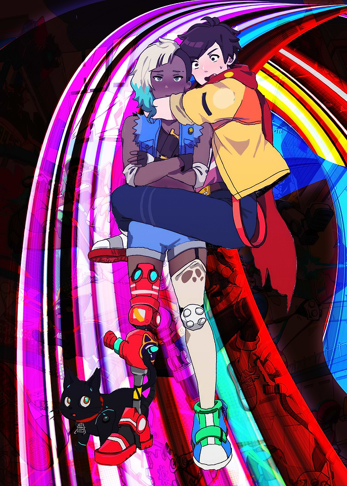Anime characters with cat and abstract background