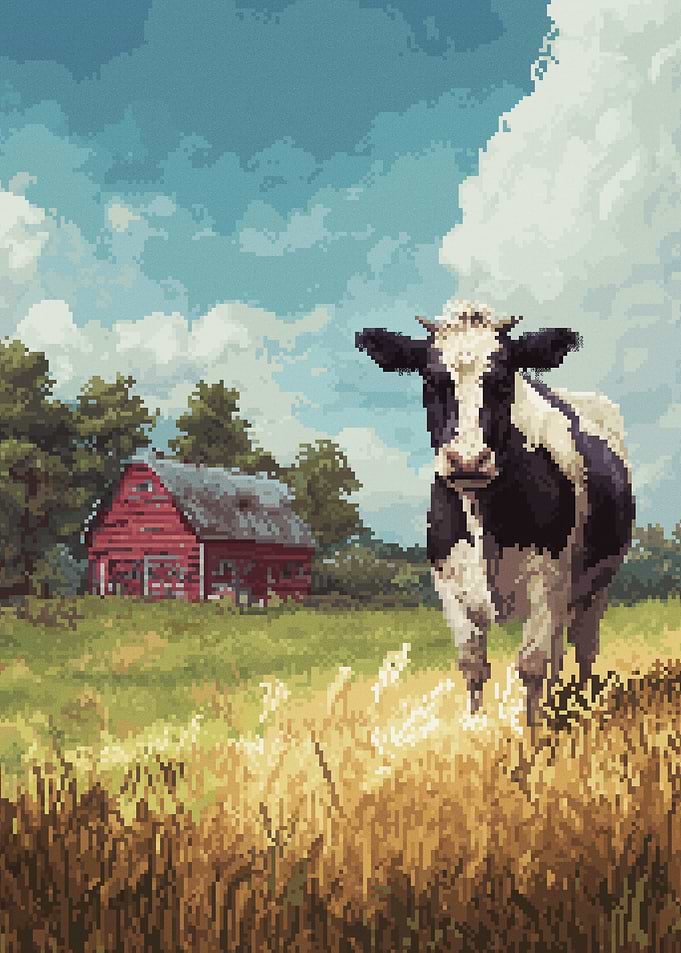 Pixel Art Cow in a Field