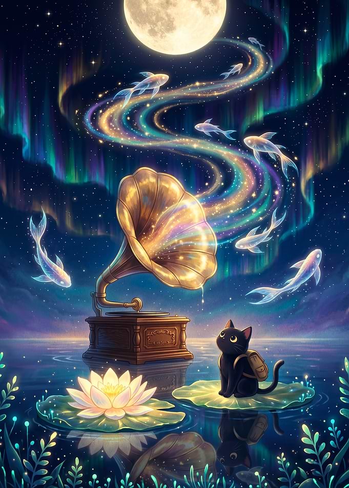 Magical Night Scene with Cat and Gramophone