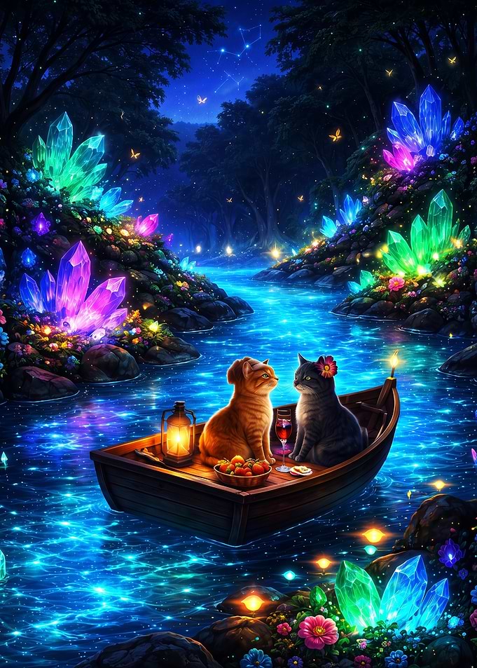 Cats on a boat in a magical forest