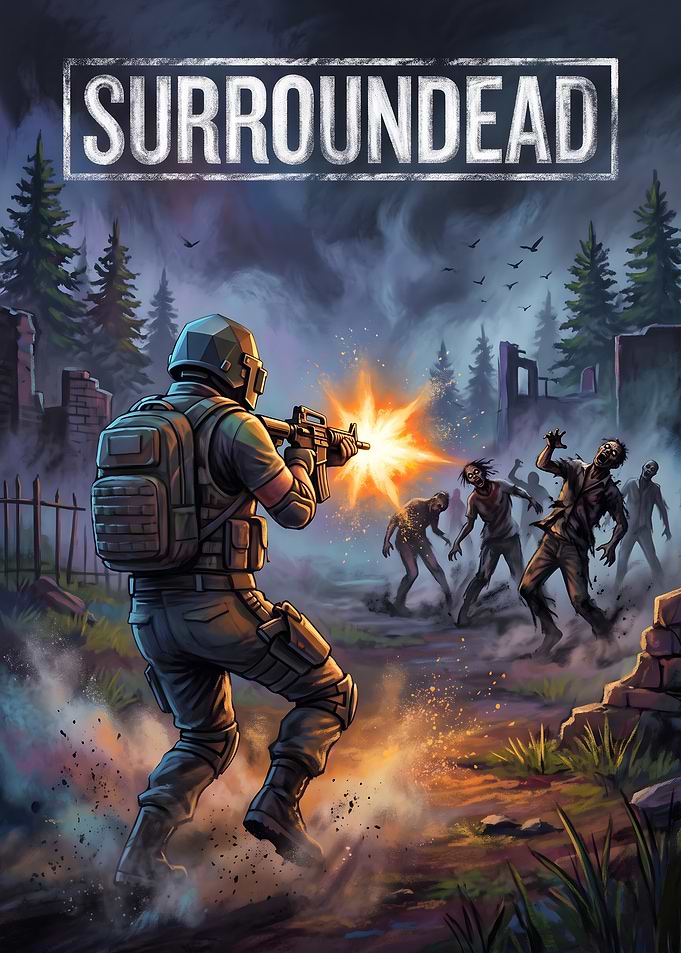 Soldier fighting zombies in a ruined city