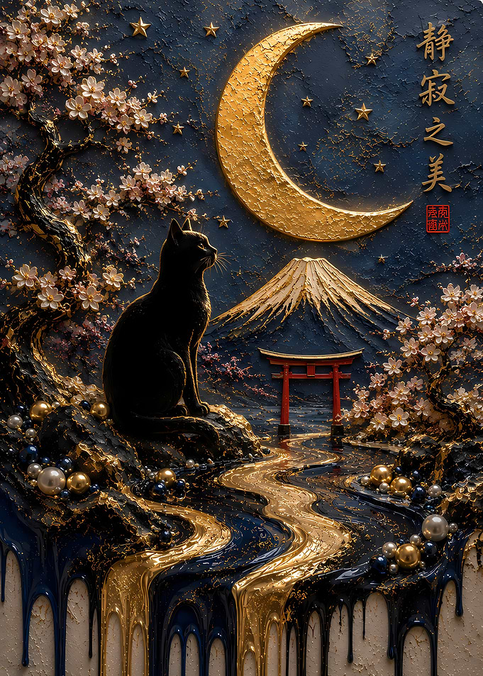 Black Cat Under Golden Moon and Cherry Blossoms