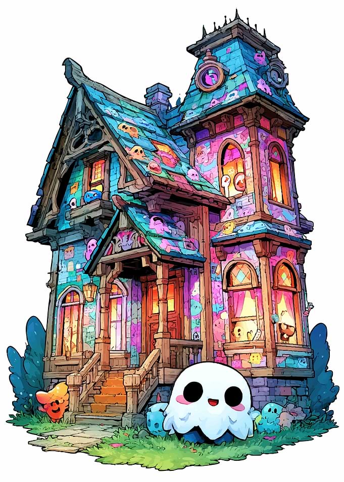 Whimsical Haunted House with Cute Ghosts