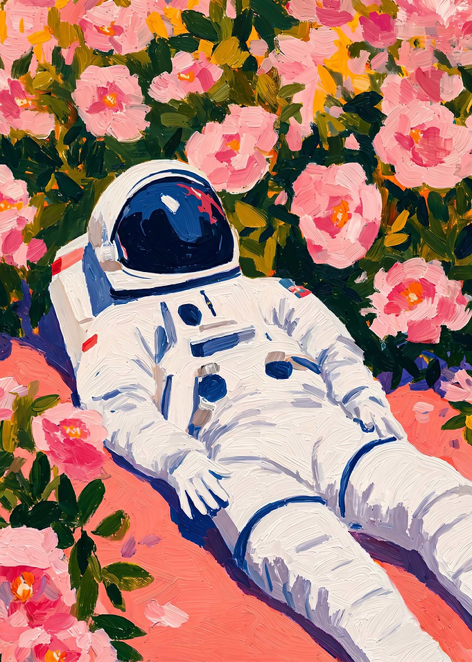 Astronaut relaxing in a field of flowers