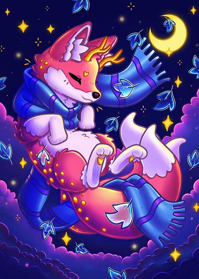 Cute Fox in Scarf Under the Moon