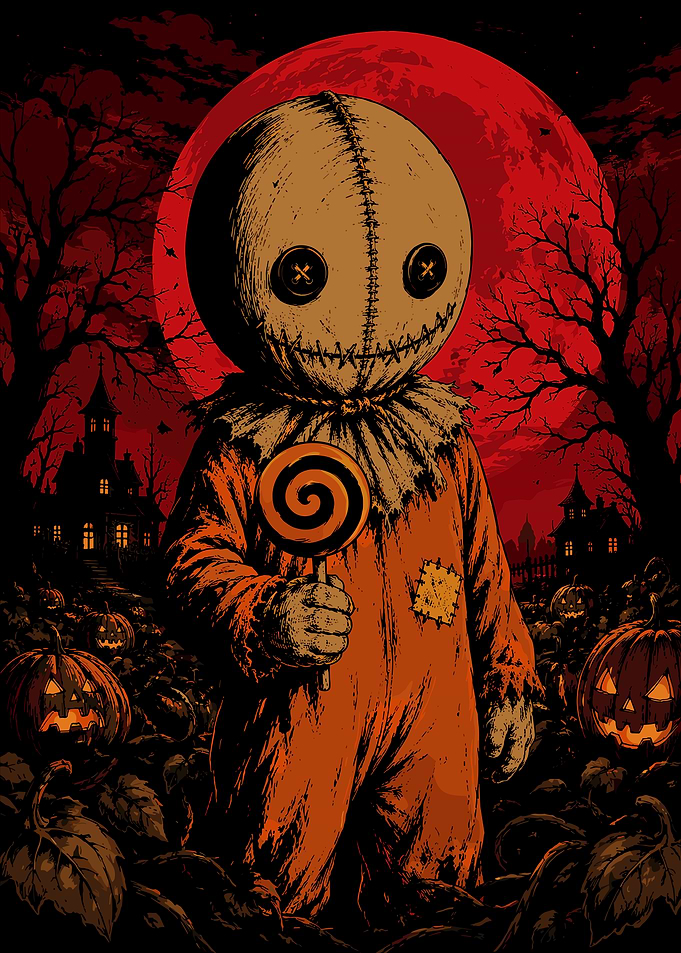 Sam holding a lollipop on Halloween