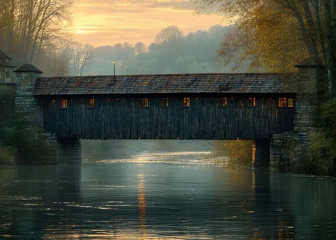 Covered bridge over a misty river at dawn