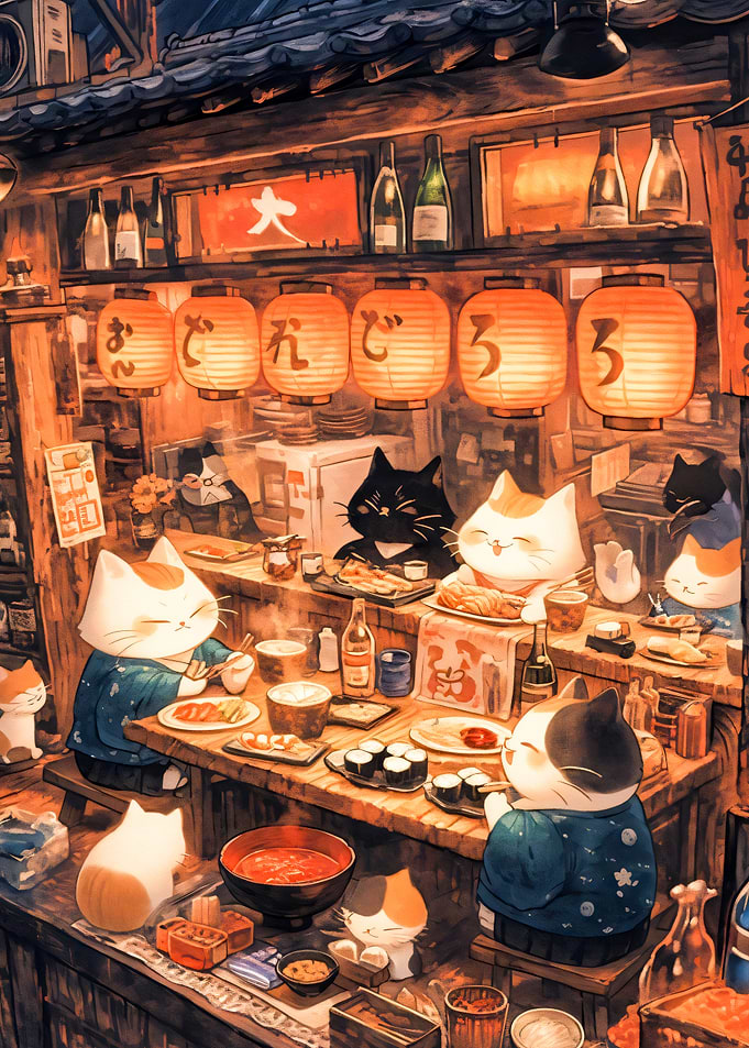 Cats Enjoying a Meal at a Japanese Restaurant