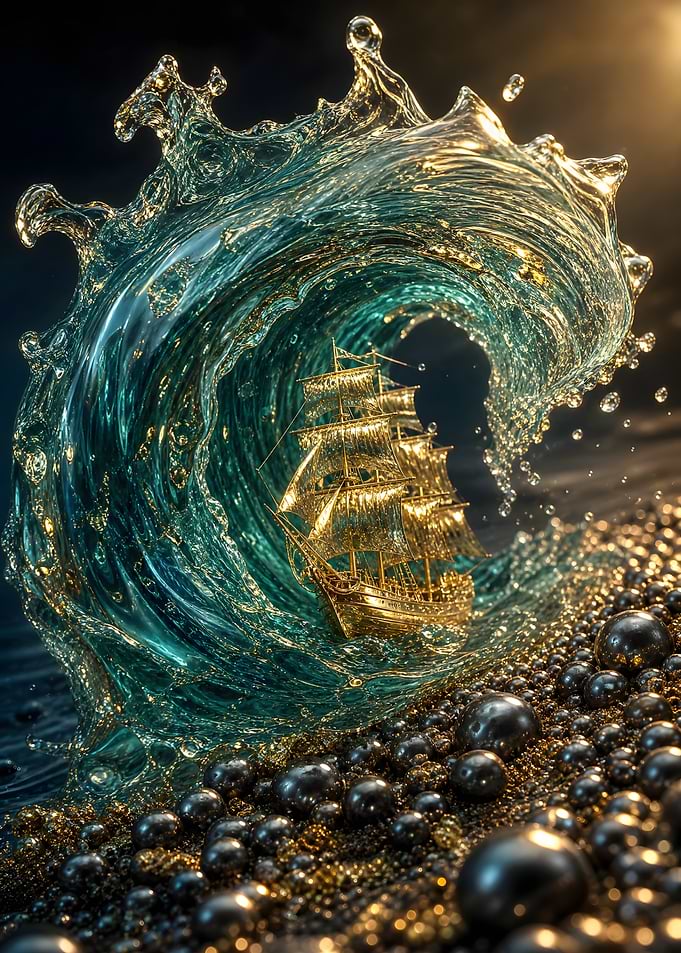 Golden Ship in a Water Wave