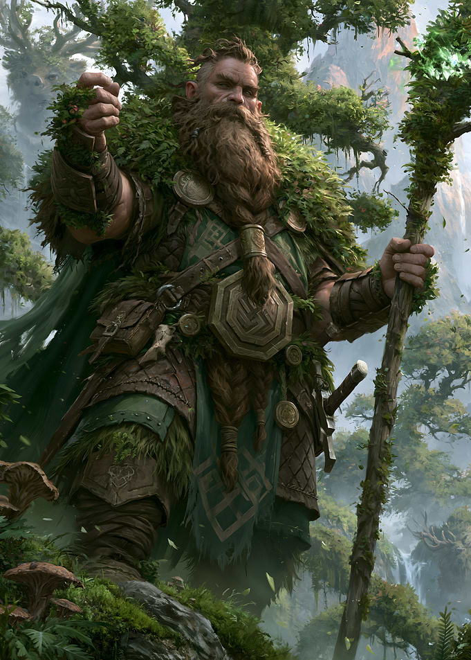 Dwarf Druid in a Forest with Wood Staff