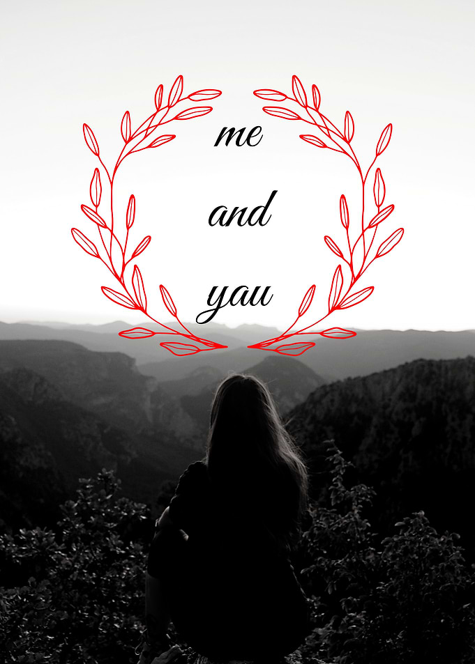 Woman overlooking mountains with text