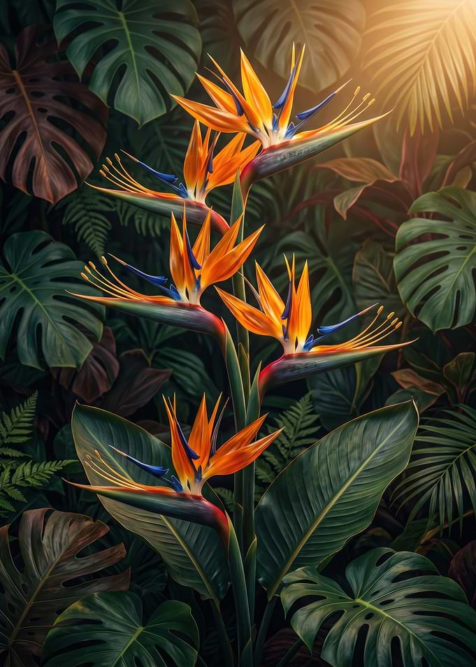 Bird of Paradise Flowers in Tropical Foliage