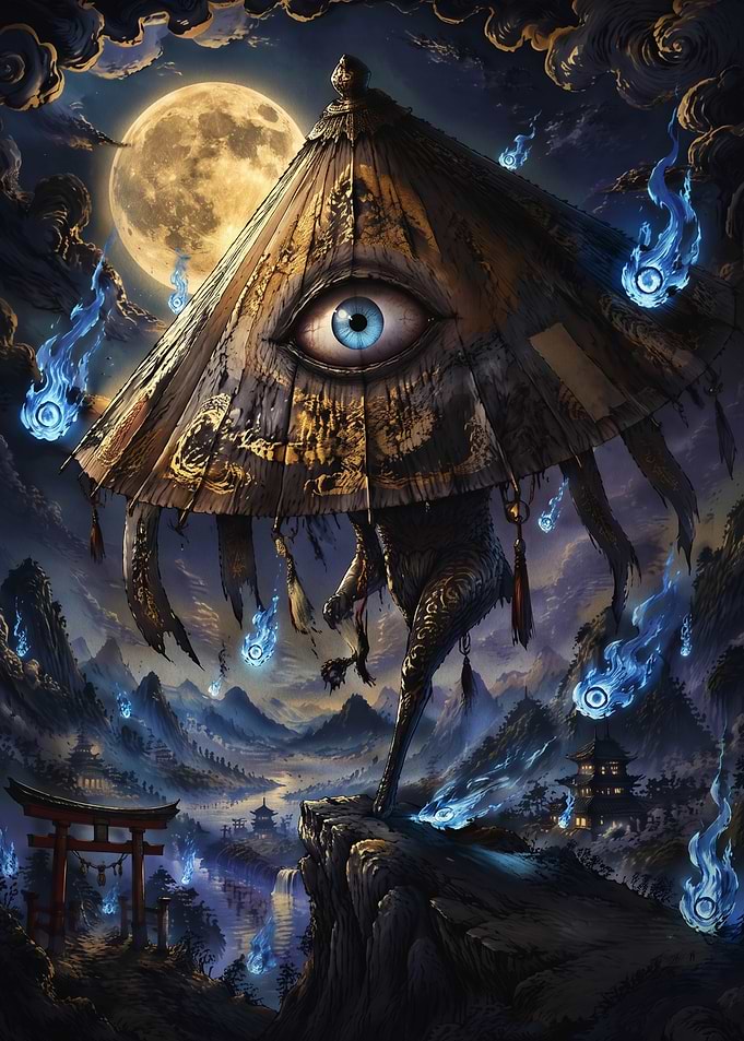 Mystical Japanese Landscape with Eye Umbrella Creature
