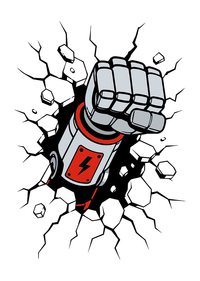 Robot Fist Crashing Through the Wall