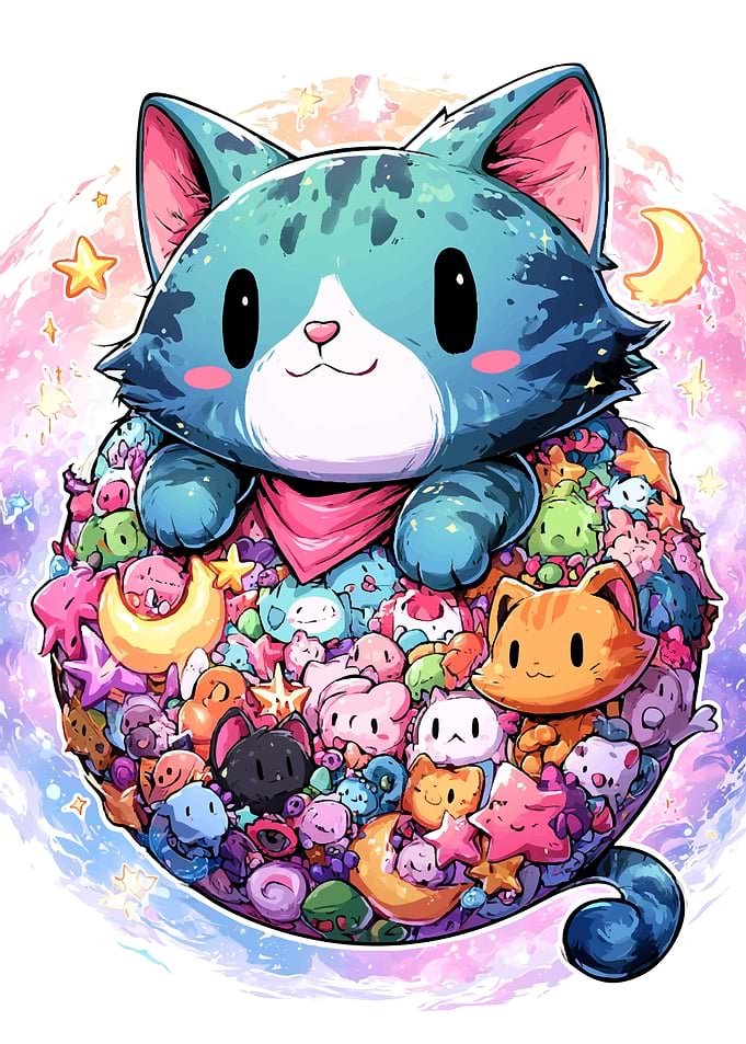 Cute Cat Surrounded by Adorable Creatures