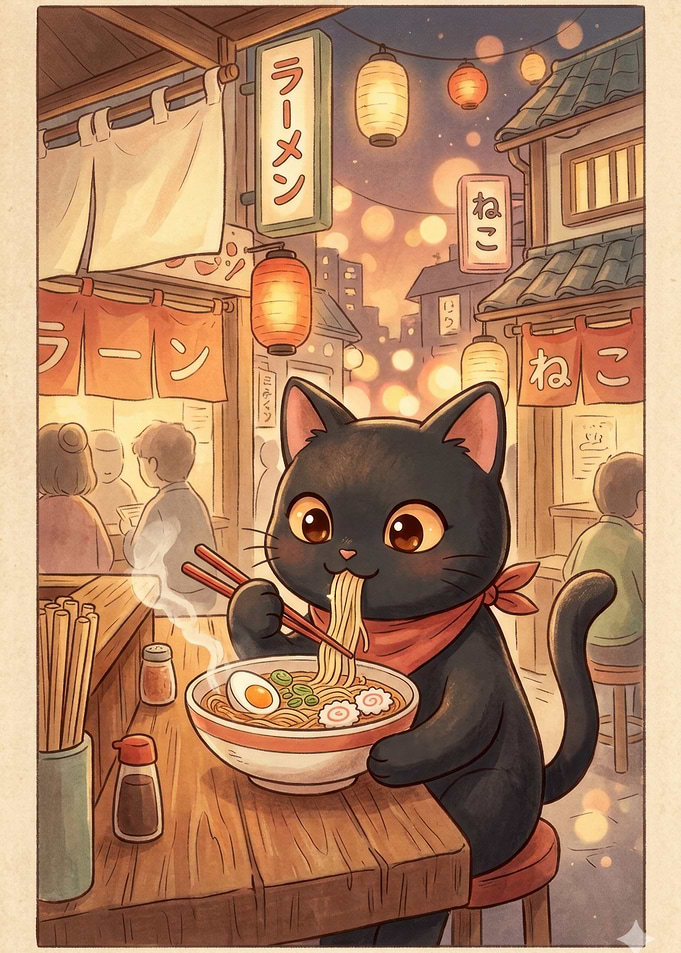 Cute Cat Eating Ramen