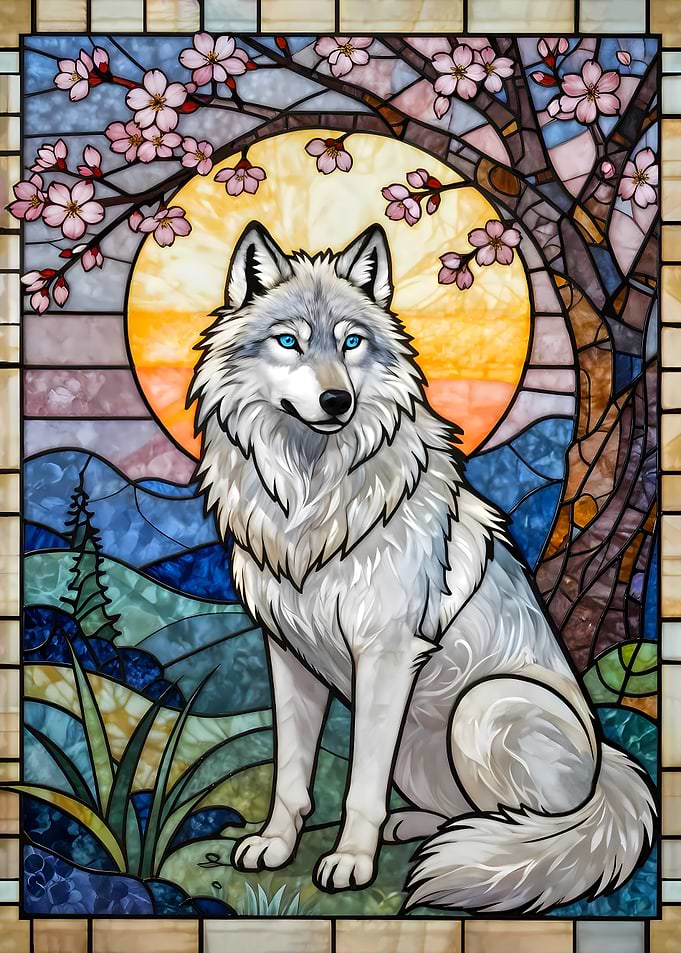 Wolf with Cherry Blossoms Stained Glass Landscape