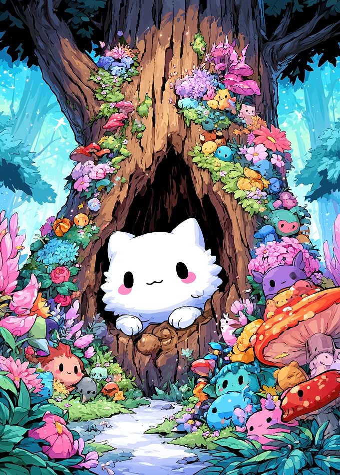 Cute Cat in a Magical Forest