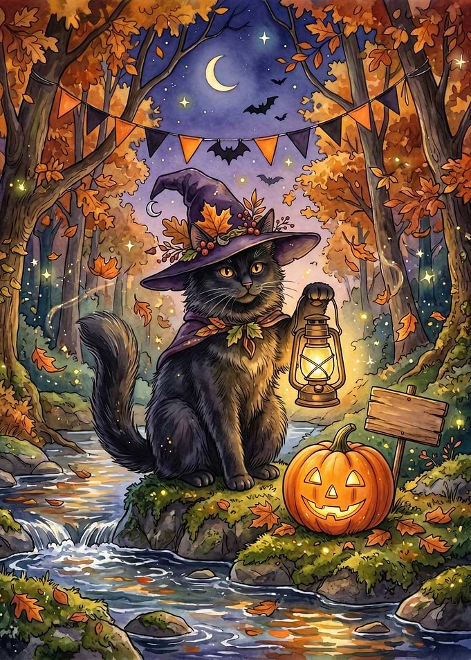 Halloween Black Cat with Pumpkin and Lantern