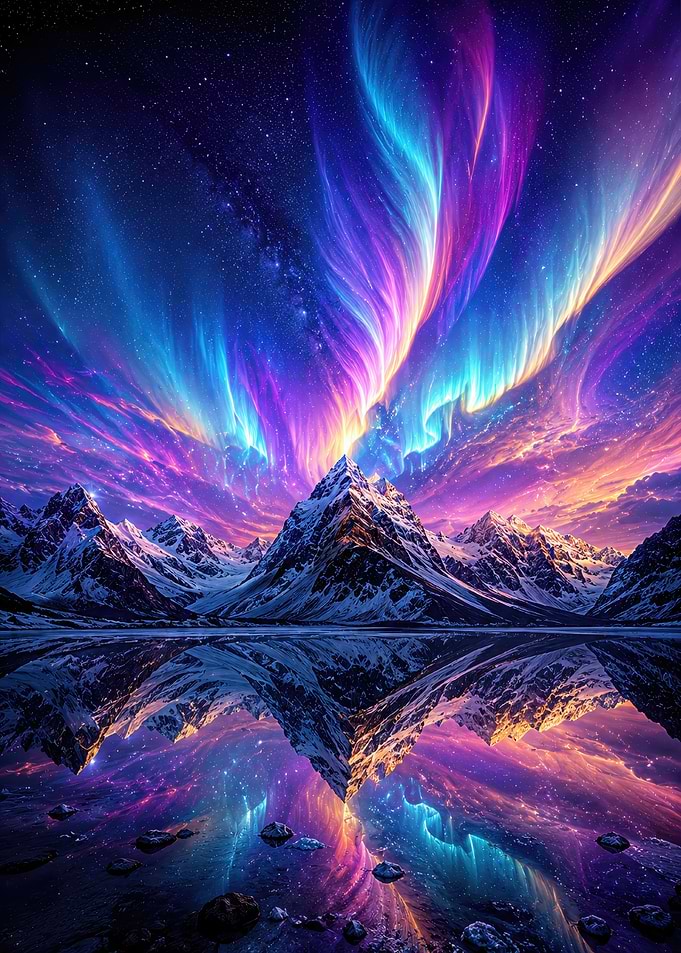 Aurora Borealis Over Snowy Mountains