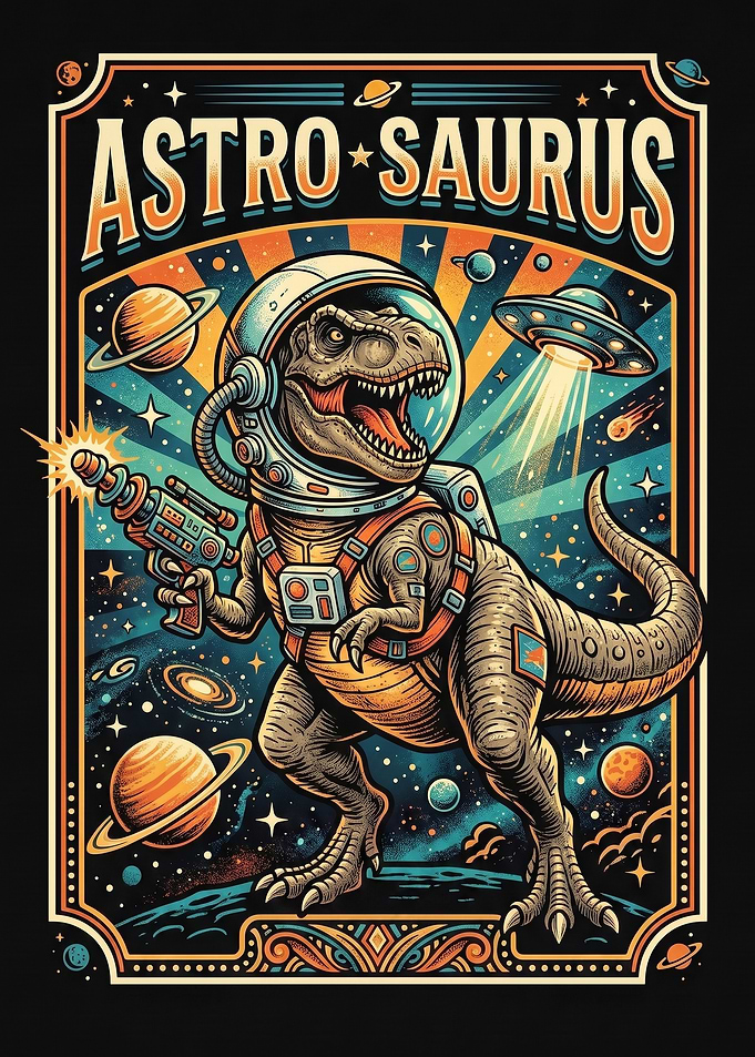 Alien Dinosaur Astronaut in Space: Retro Astro Saurus Cosmic Pop Art Adventure