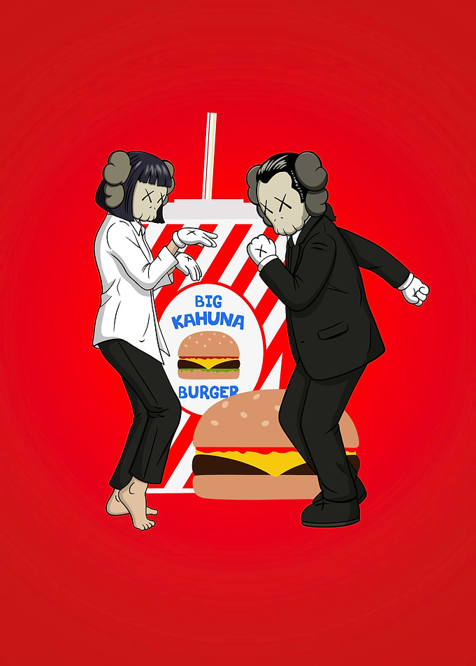 KAWS characters dancing with Big Kahuna Burger