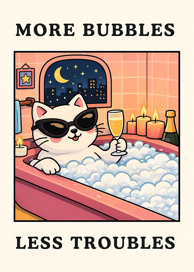 Cat in a Bubble Bath with Champagne