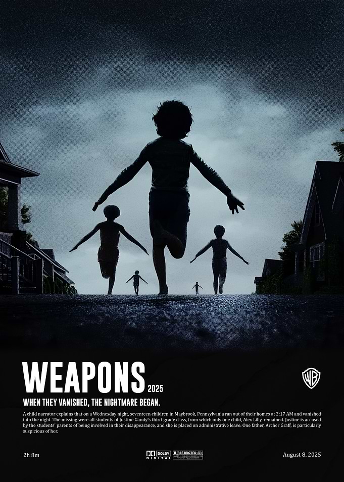 Weapons 2025 Movie : silhouetted children running