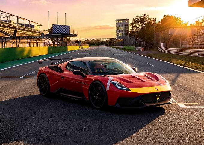 Maserati MC20 on a Racetrack at Sunset