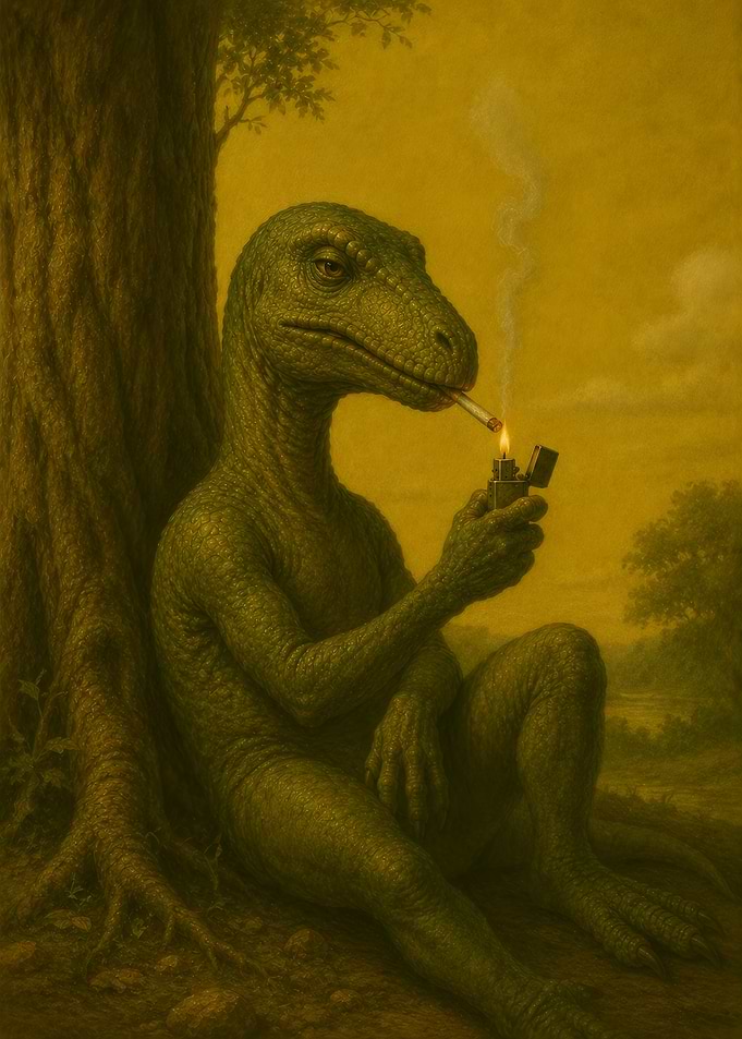 Dinosaur lighting a cigarette