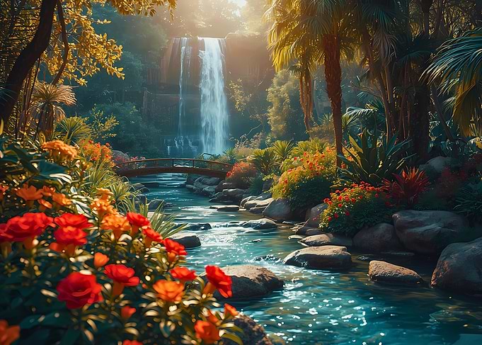 Lush Waterfall Garden with Flowers
