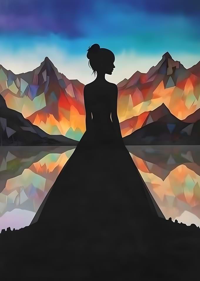 Silhouette of a Woman in a Gown with mountains behind