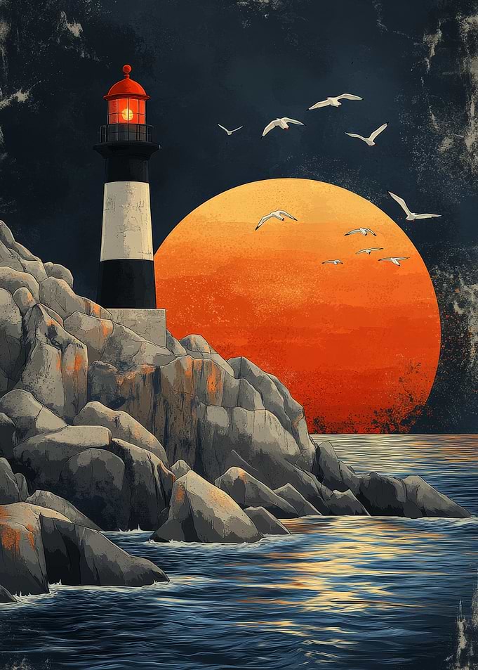 Lighthouse on Rocky Coast at Sunset