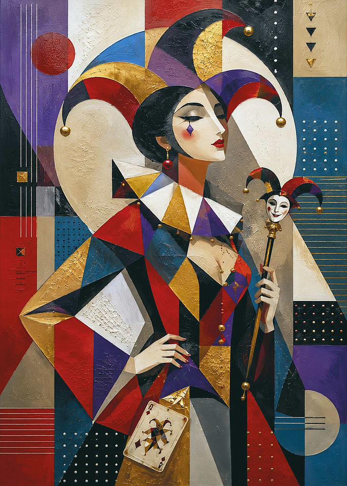 Jester Woman with Mask and Card