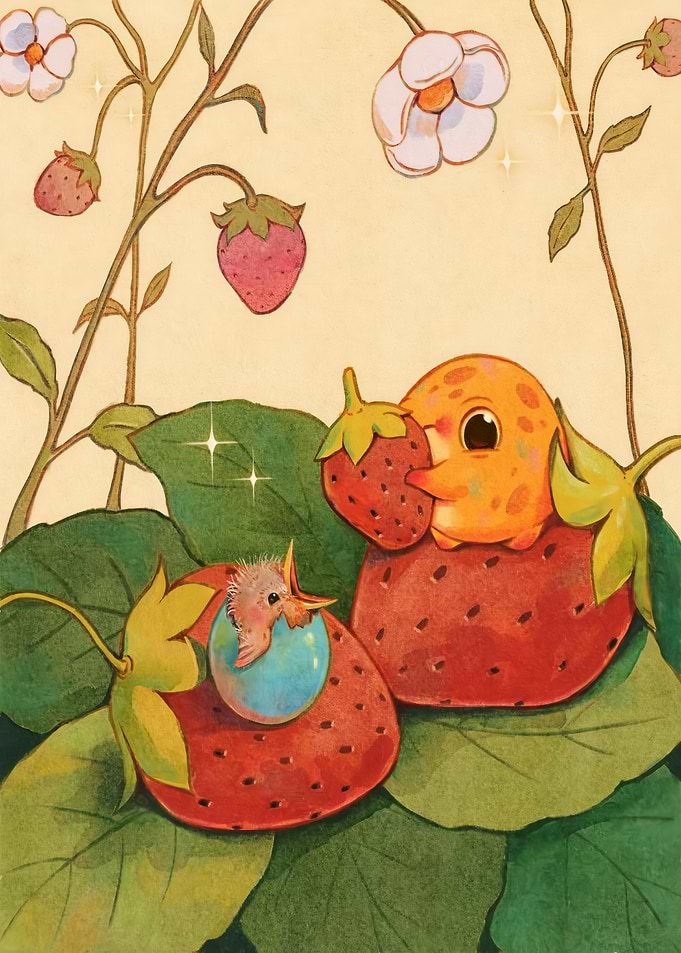 Cute birds in strawberries