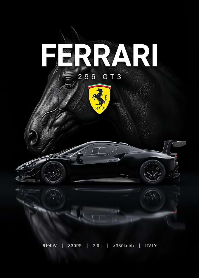 sleek black Ferrari 296 GT3 Black Horse poster