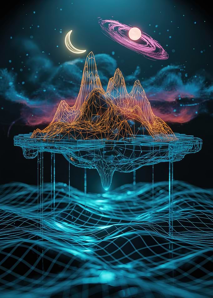 Abstract Digital Landscape with Celestial Elements