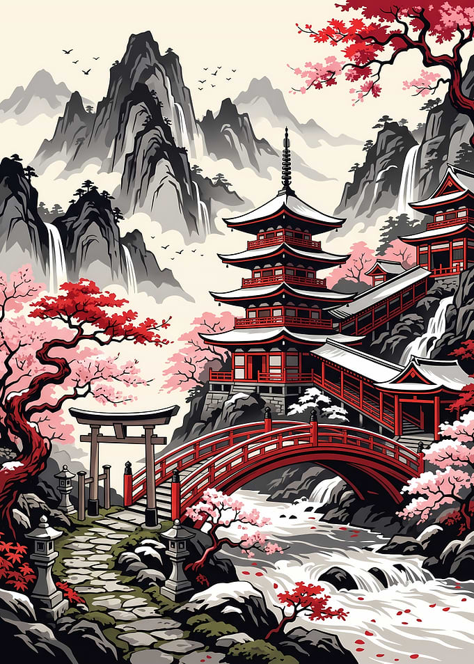 Japanese Pagoda and Cherry Blossoms